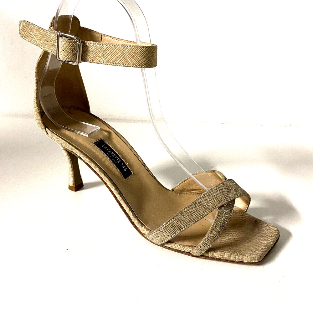 Lafayette 148 Sandal Ankle Strap Open Toe Criss Cross Gold Shimmer Suede…
